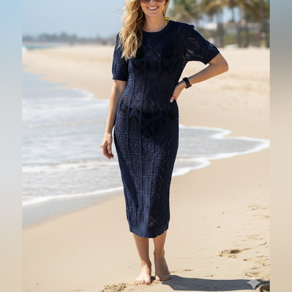 Maggy London Crochet Knit Short Sleeve Cover Up Midi Dress Navy Blue
